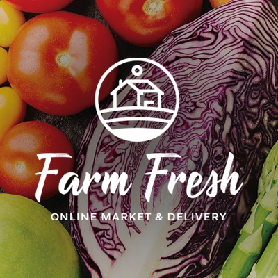 Farm Fresh logo on a background of vegetables